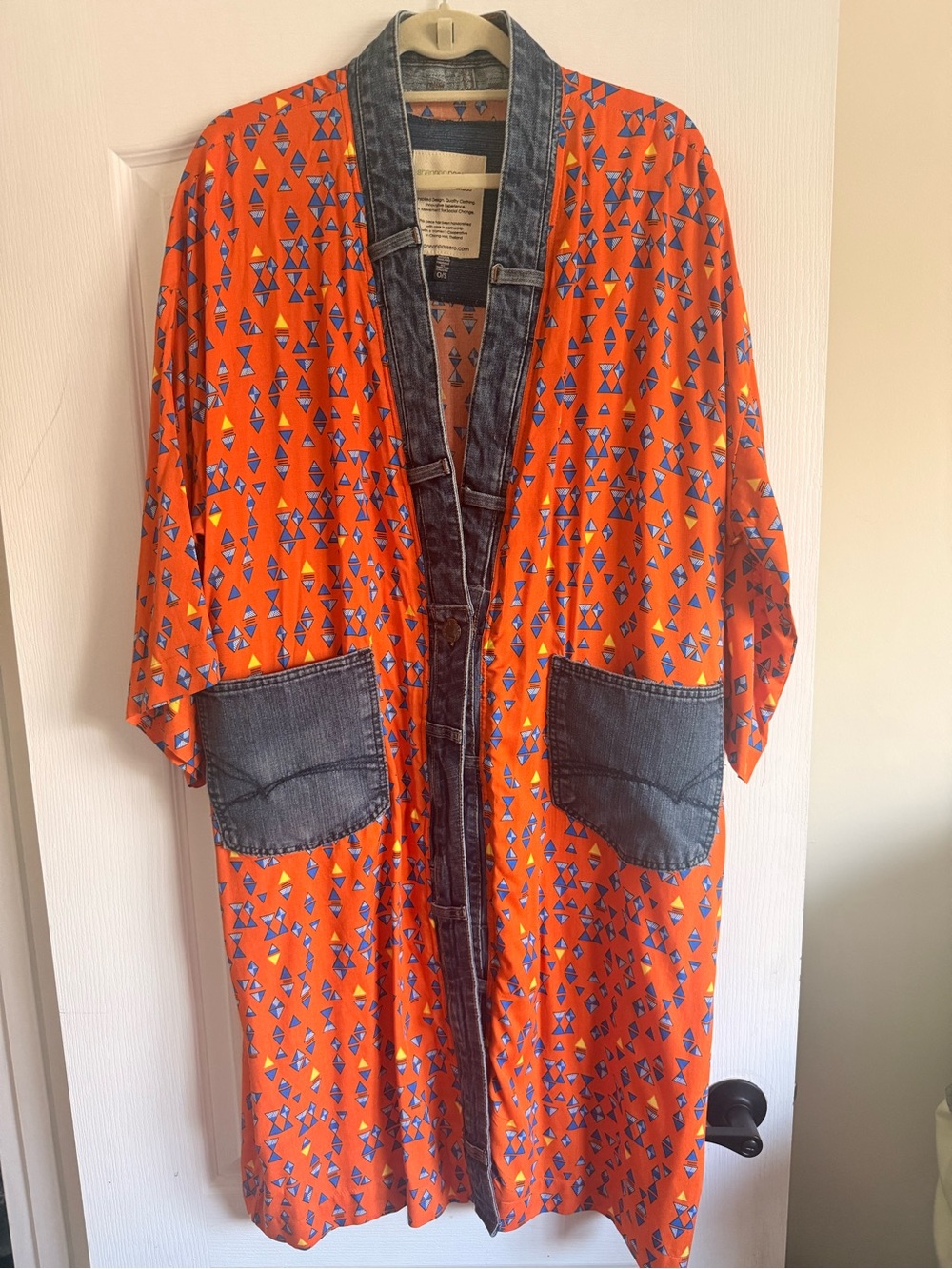 Orange Geometric Kimono Coat with Denim Trim